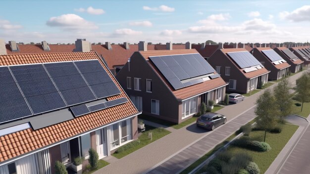 Solar panels are installed on the tiled roofs of a row of modern houses in a suburb with green stree