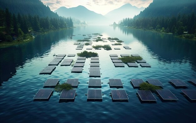 Solar panels are placed on a lake in the mountains.