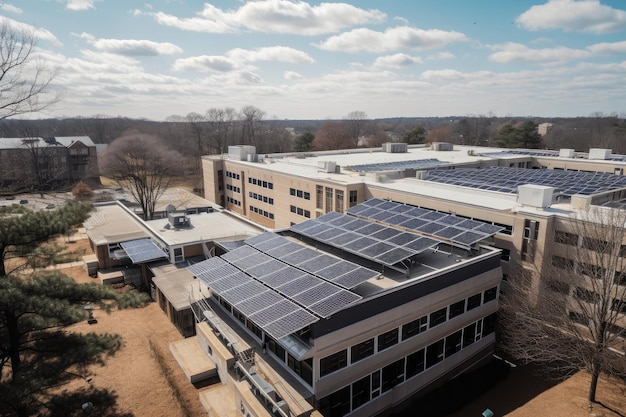 Solar panels atop a school providing energy to the classrooms and beyond created with generative ai