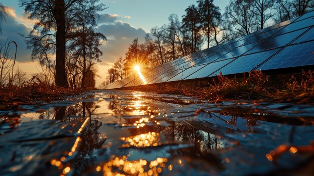 畑の夕日を背景に太陽パネル