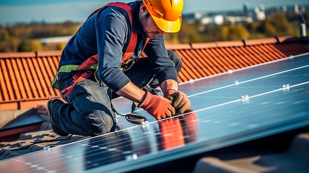 Solar panels being installed on the roof by a handyman Generative AI