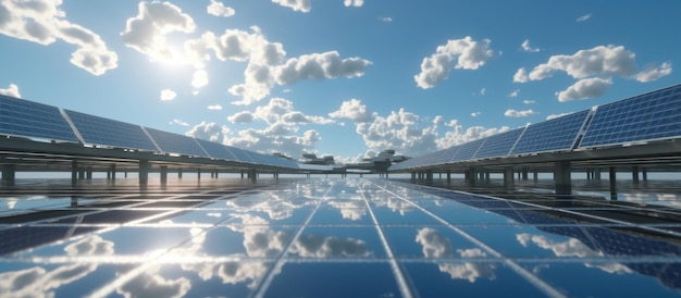 Solar panels on blue sky and sun