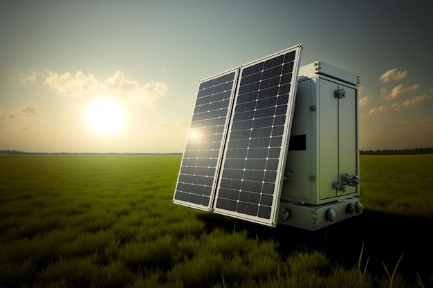 Solar panels under a blue sky at sunset power plant the concept\
of clean energy and ecoenergy