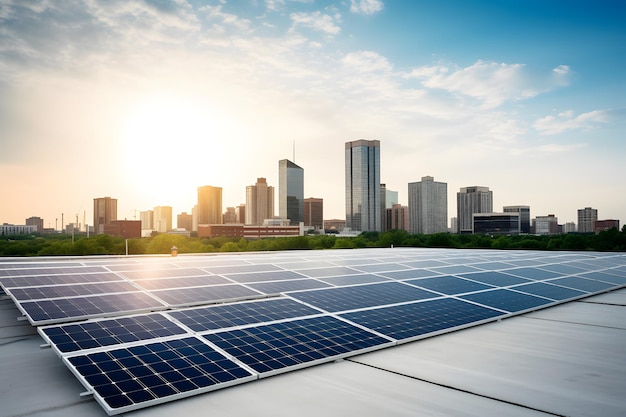 Solar panels on city rooftop with downtown and blue sky in the background neural network generated art