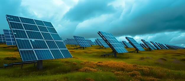 구름이 많은 날에 태양 패널 지속 가능한 에너지 생산 농촌 풍경에서 현대적인 녹색 기술 환경 친화적 인 대체 전력 원천 AI