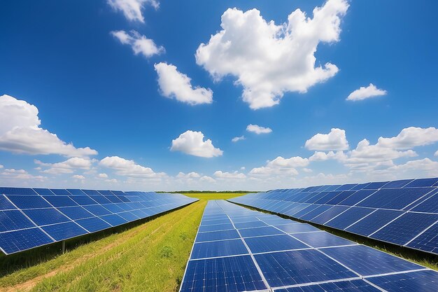 Solar panels on field and blue sky created using generative ai technology