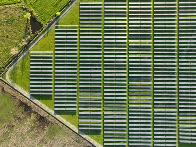 Solar panels on field in summer aerial drone view