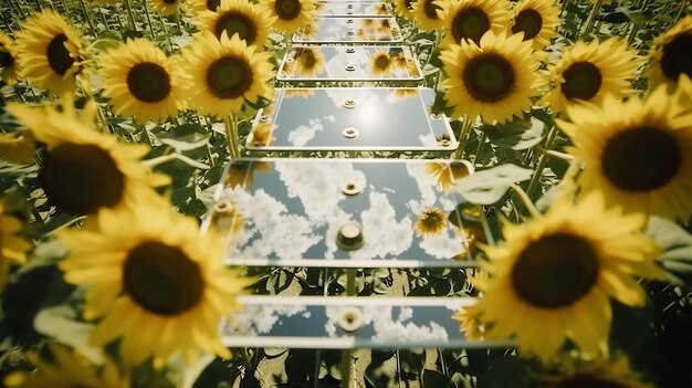 Foto pannelli solari nel campo dei fiori di girasole