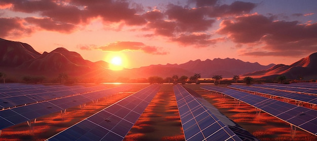 Solar panels field on sunset ai generated