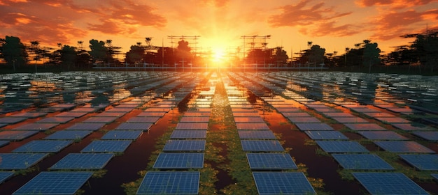 Solar panels field on sunset ai generated