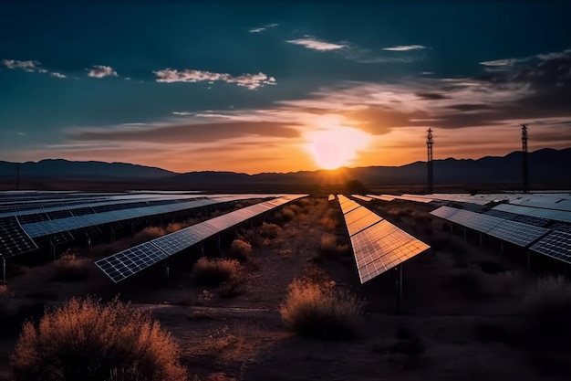 Solar panels in a field at sunset Generative AI