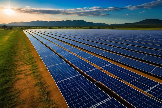 Solar panels on a field with mountains in the background.