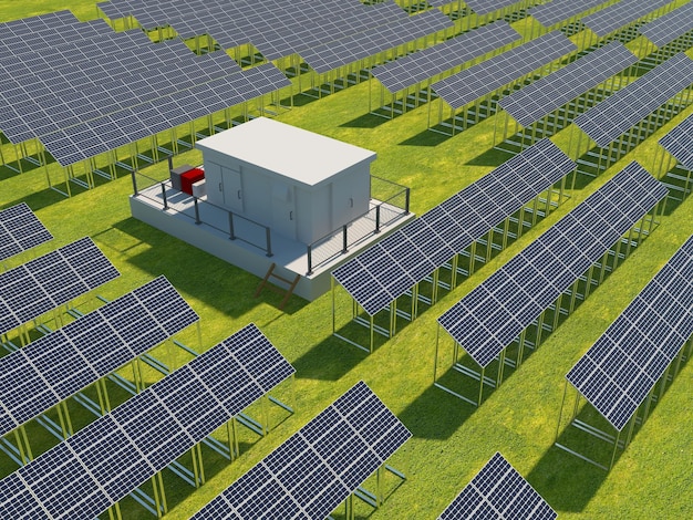 잔디에 태양 전지 패널 태양 광 발전소 태양 광 발전소 3d 렌더링 그림