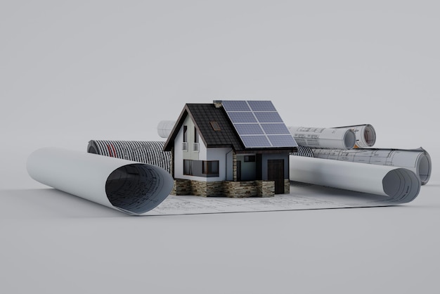 Solar panels, green energy for home, green energy design
blueprints, 3d illustration.