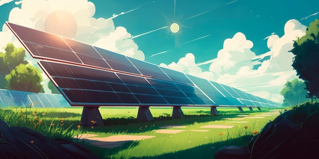 Солнечные батареи в зеленом поле Генеративный ИИ