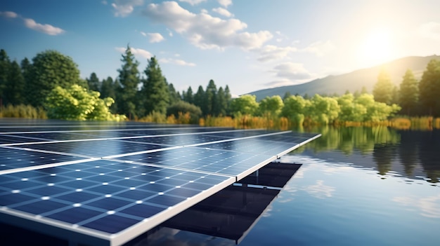 녹색 필드에 태양 패널 녹색 전환 신재생 에너지에서 태양 에너지
