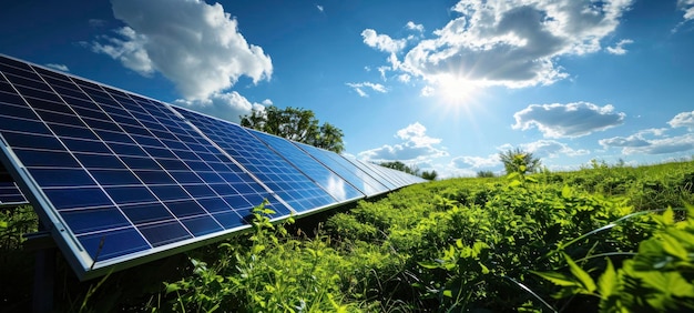 Photo solar panels in green field under sunny sky