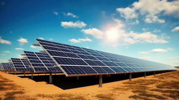 Solar panels on green field with sunshine