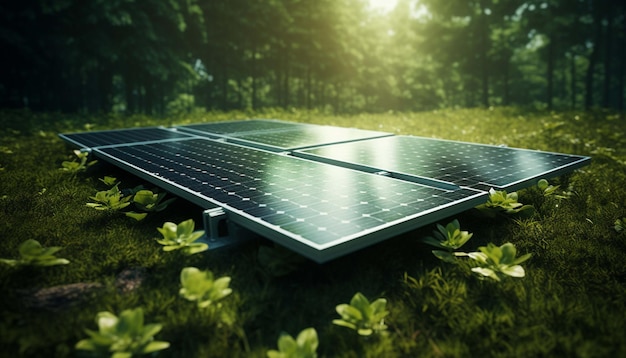 Solar panels on a green field