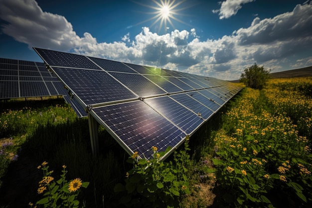 Solar panels in green nature at sky with clouds background AI generated