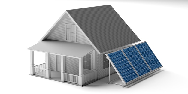 Solar panels and a house isolated against white background 3d illustration