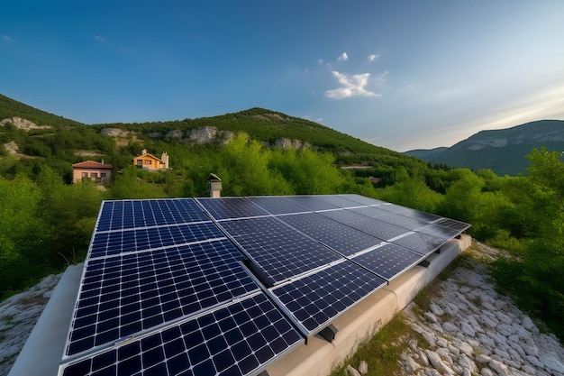 집 지붕에 있는 태양 전지판 3d 그림 녹색 지속 가능한 에너지 개념 Ai 생성