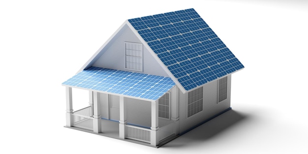 Solar panels on a house roof isolated against white background 3d illustration