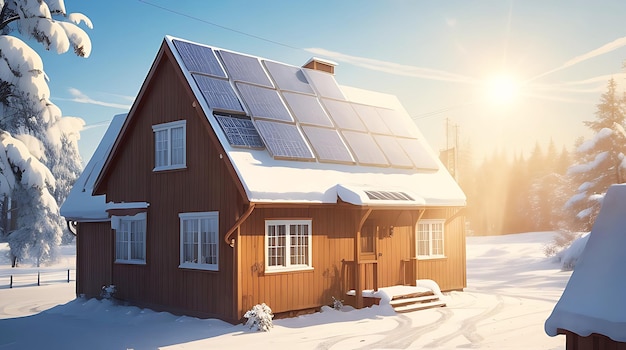 Solar panels on a house in the winter season Aesthetic cartoon image pretty sunlight snow