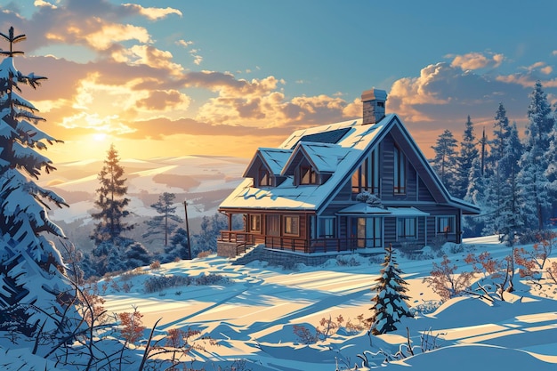 Solar panels on a house in the winter season Aesthetic cartoon