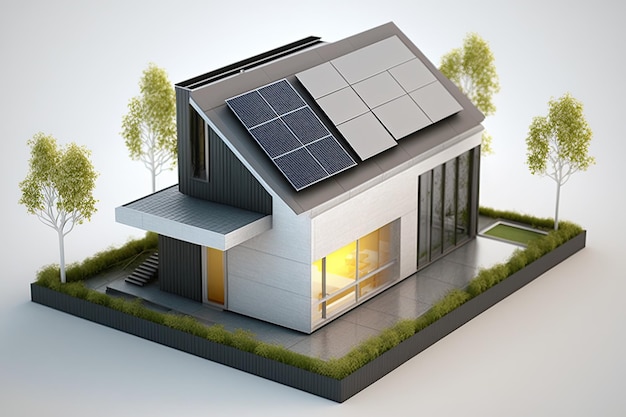 Solar panels on idilic 3D house Natural resource of energy Generative AI