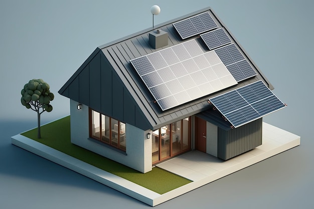 Solar panels on idilic 3D house Natural resource of energy Generative AI