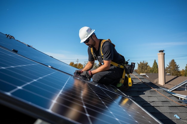 재생 에너지 솔루션을 보여주는 기술자들에 의해 설치된 태양 패널