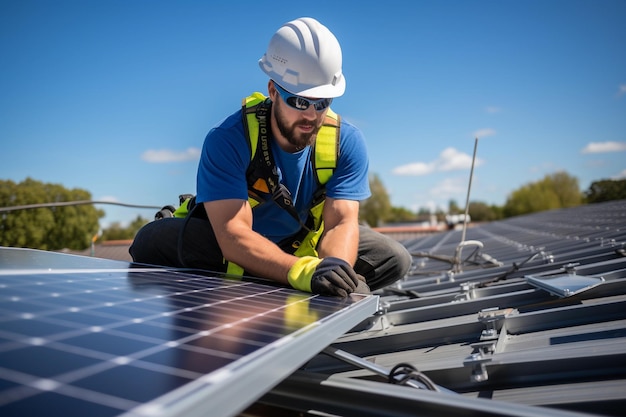 Солнечные панели, установленные техническими специалистами, демонстрирующими решения в области возобновляемой энергии