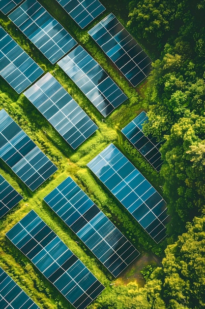 Solar panels installed on meadows to produce green electricity Concepts of renewable energy