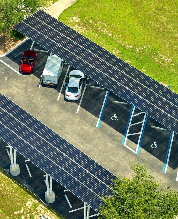 駐車中の車の駐車場に太陽光パネルを設置し、クリーンエネルギーを効率的に生成