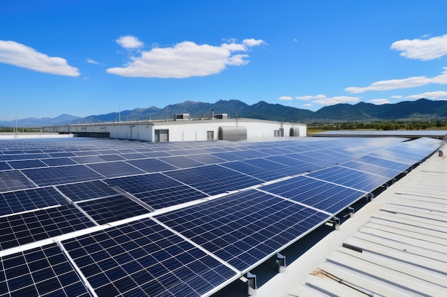 Solar panels installed on the roof of a building closeup of photo Tendency to take advantage of the free roofs of the industries to place photovoltaic panels to reduce business AI Generated