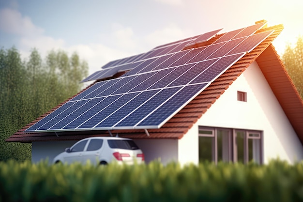 주택 지붕에 설치된 태양광 패널 대체 에너지원