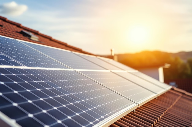 주택 지붕에 설치된 태양광 패널 대체 에너지원