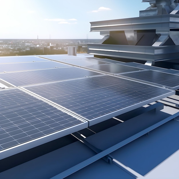 Solar panels installed on the roof of a residential building In the background is the city Generative AI content