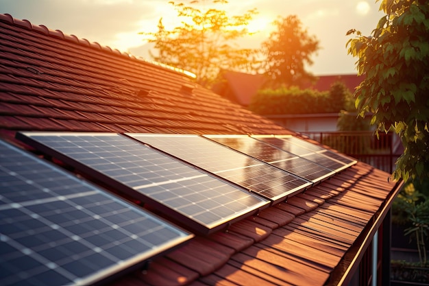 Solar panels located on the roof of a household are generating environmentallyfriendly energy