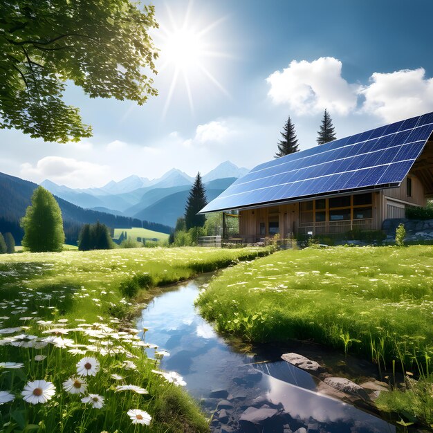 山の景色を眺める草原の太陽電池パネル