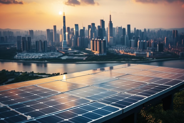 Solar panels and modern buildings in the city