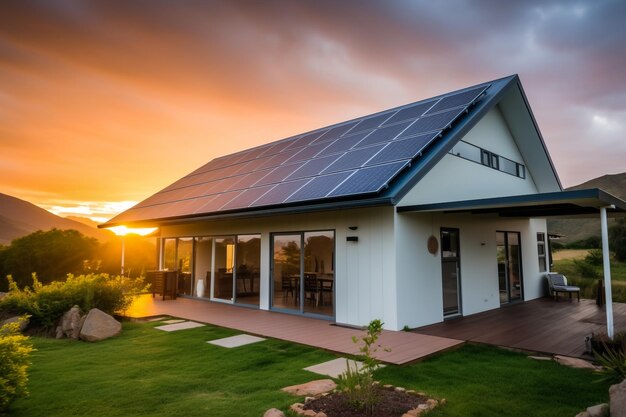 Solar panels on modern roof house with sun light reflection