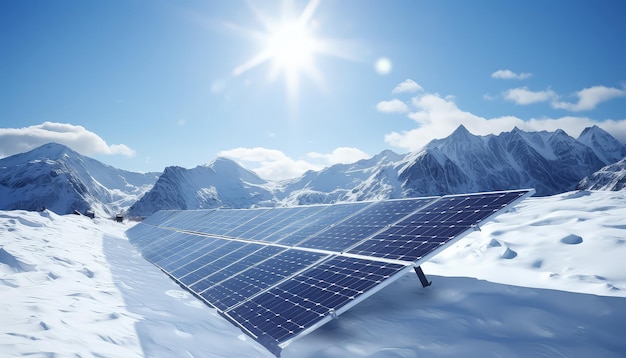 Solar panels in the mountains in the snow