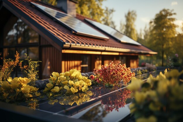 солнечные панели на крыше дома гаража возобновляемой энергии