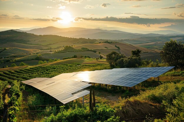 バコリックなサンセットヒルズを見下ろす太陽電池パネル