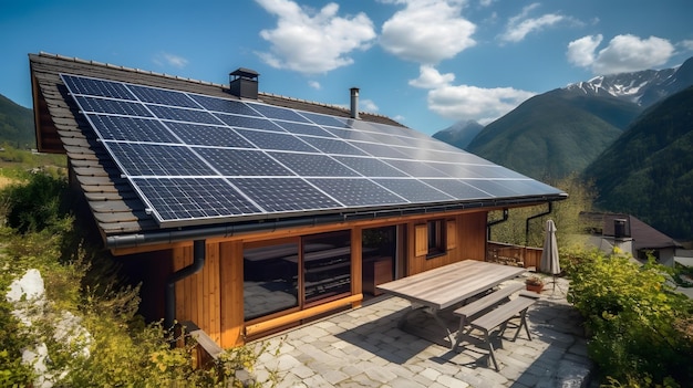 Solar panels photovoltaics on the red roof of a house and a beautiful sky with the setting sun Alternative electricity source Concept of sustainable resources Generative Ai