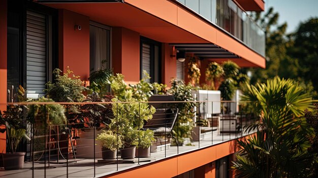 Photo solar panels and planters on the balcony of a residential house in the style of layered veneer