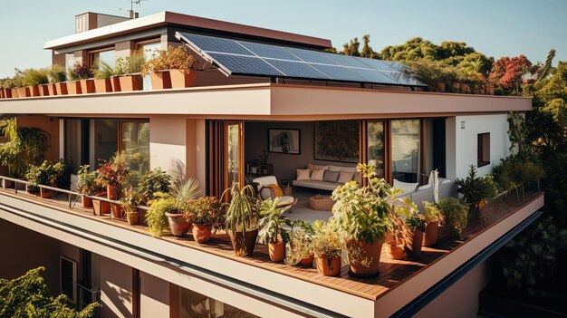 solar panels and planters on the balcony of a residential house in the style of layered veneer