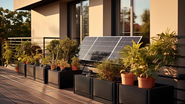 Photo solar panels and planters on the balcony of a residential house in the style of layered veneer